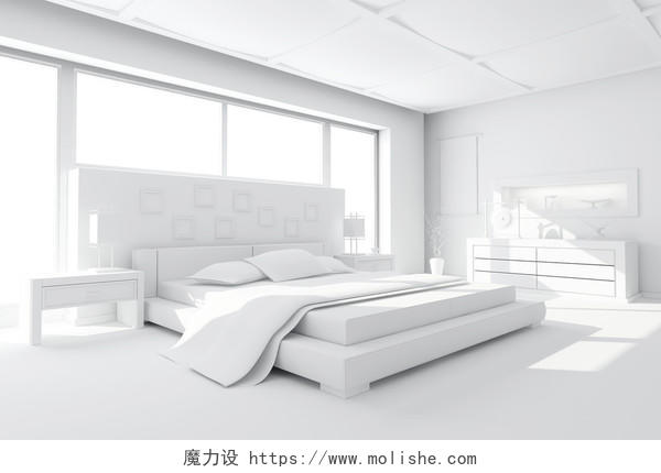 白色3D室内建模卧室屋子房屋